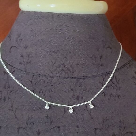 Silver Necklace With 3 Crystal Flower Charms & Adjustable Chain 15"-17" - Picture 1 of 6